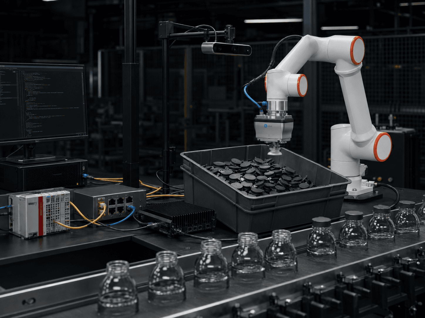 Rendering of an industrial robotic cell: a 6-axis robot with a suction gripper and a 3D camera above a bin of plastic caps, glass containers on a conveyor, and a PLC with an industrial PC on the bench